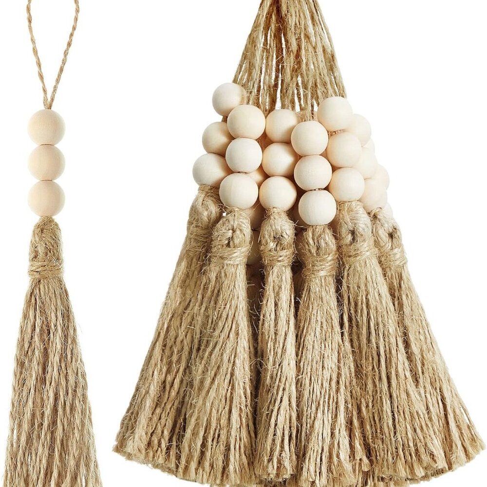 40 Sets Jute Tassels with 3 Wood Beads Natural Jute Rope Burlap Tassels for Chri